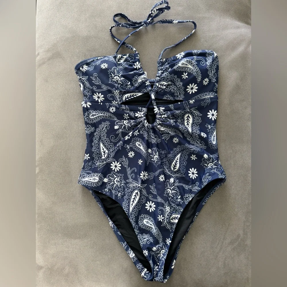 NWT Small Cupshe Swim Navy White Paisley Convertible Cutout One Piece Swimsuit